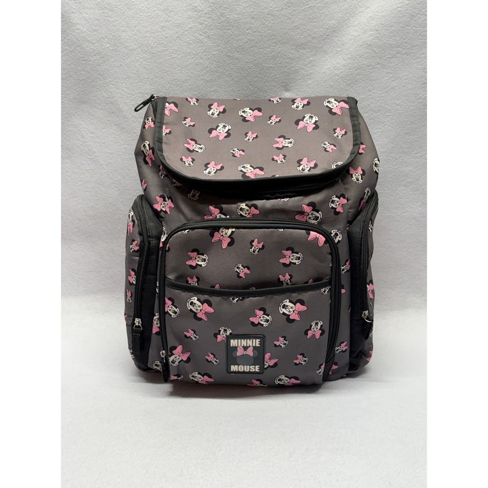 Disney Minnie Mouse Diaper Bag Backpack Gray Pink Bow Insulated Pocket Padded